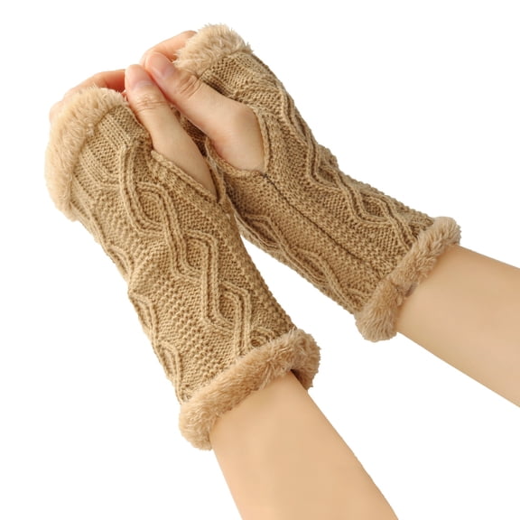 Women Arm Warmers Winter Knitted Wrist Warmers Fluffy Lined Fingerless Mitten Gloves for Women Girls Cold Weather Camel