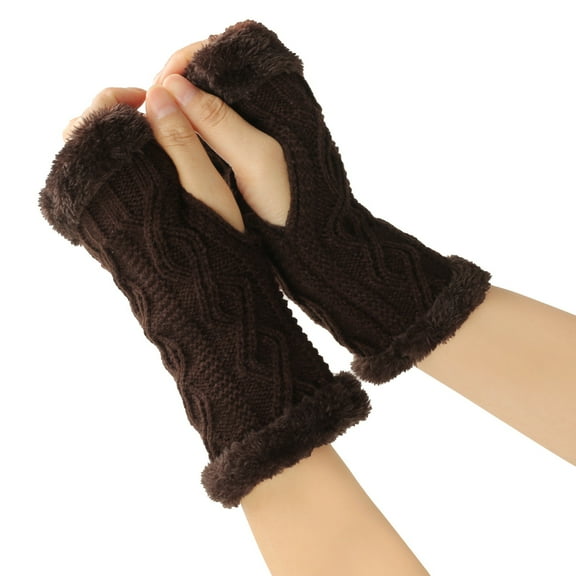 Women Arm Warmers Winter Knitted Wrist Warmers Fluffy Lined Fingerless Mitten Gloves for Women Girls Cold Weather Coffee