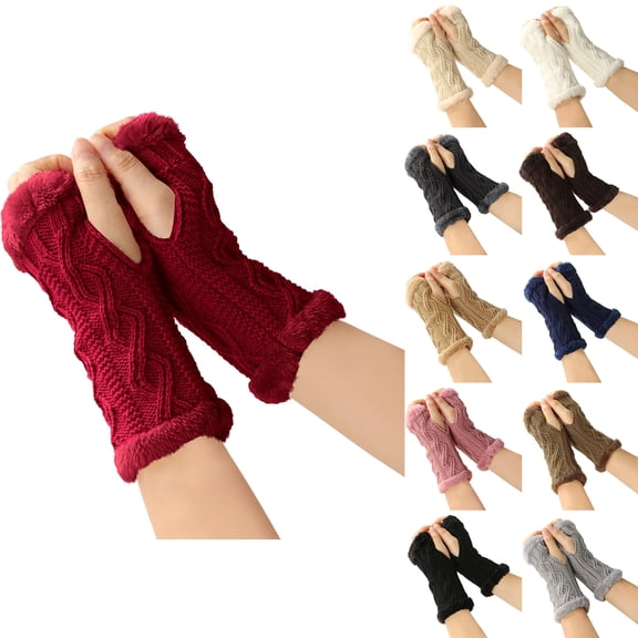 Women Arm Warmers, Winter Knitted Wrist Warmers Fluffy Lined Fingerless Mitten Gloves for Women Girls Cold Weather Light Brown One Size