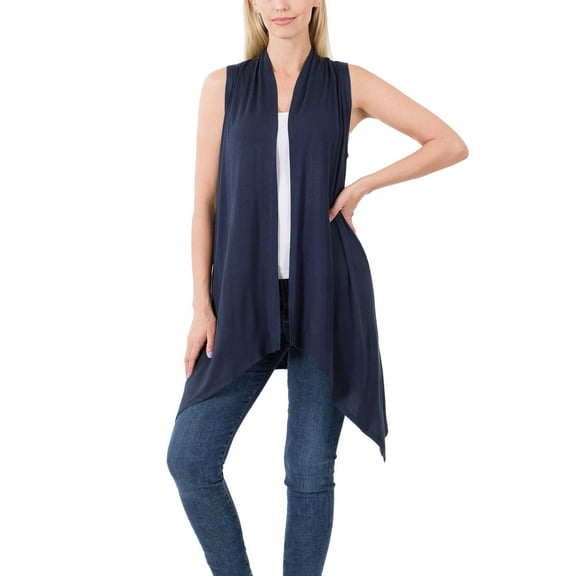 Women Asymmetrical Draped Open Front Sleeveless Jersey Vest Cardigan