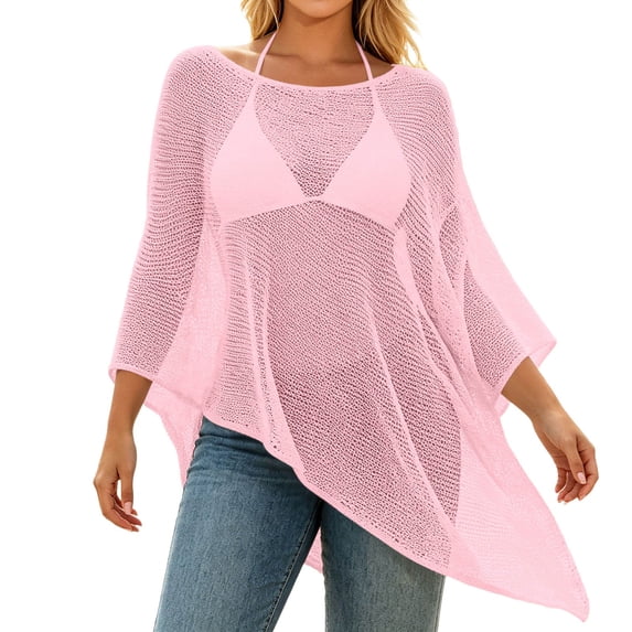 Women Asymmetrical Off Shoulder Beach Cover Up Wrap Sun Shawl,Pink,One Size