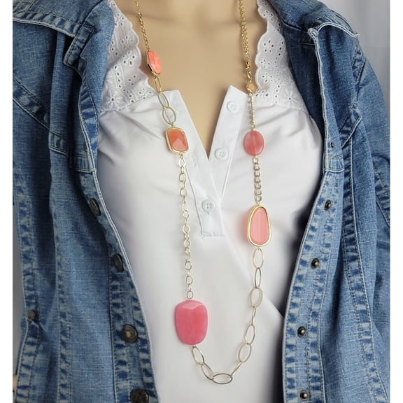 Women Asymmetrical Pink Jeweled Gold Tone Chain Necklace Long 42"-46" Ladies Adult Female Women
