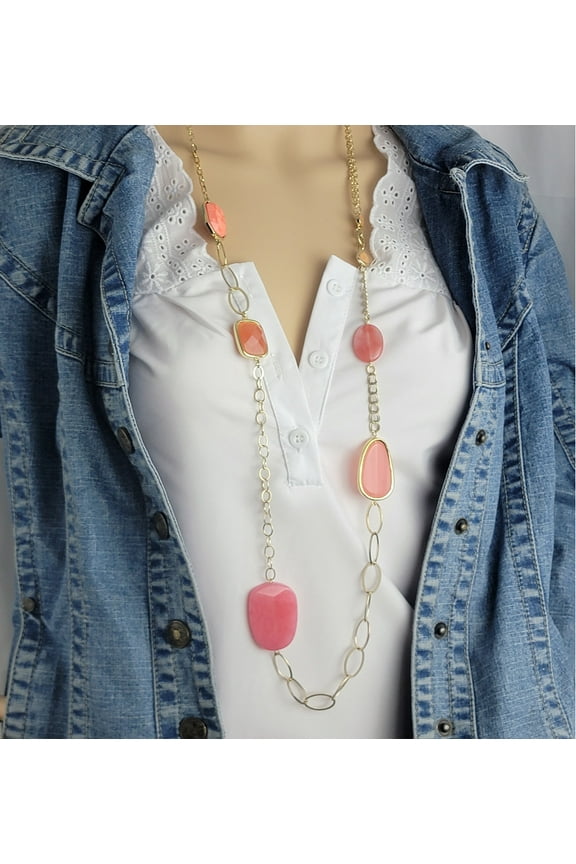 Women Asymmetrical Pink Jeweled Gold Tone Chain Necklace Long 42"-46" Ladies Adult Female Women
