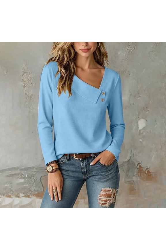 Women Asymmetrical Wrap V Neck Button Decor Long Sleeve Blouse,Soft Thermal Fleece Relaxed Slim Fit Basic Tee,Stretchy Skin-Friendly Casual Top for Daily Work,Dating,Vacation Sky Blue S