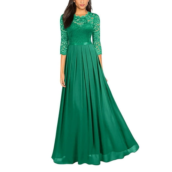 Women Athleisure Evening Gown Comfort Fit V-Neck 3/4 Sleeve Dress Lace Elastic Maxi Night Club Women's Sexy V Neck Lace Chiffon Strap Vintage Solid Color Lace Sleeve Dress Princess Court Dress