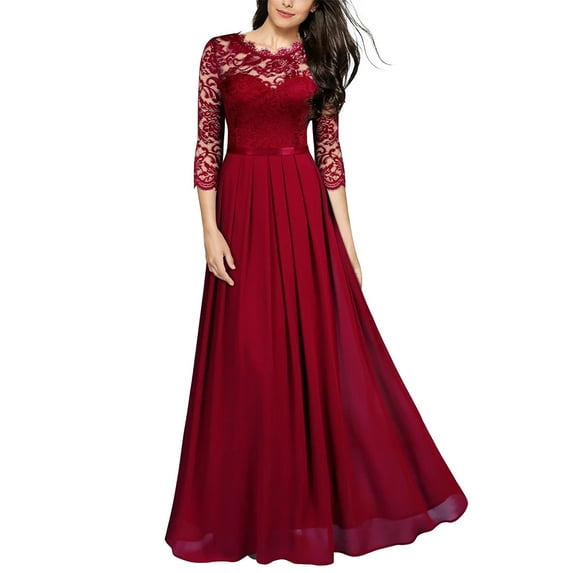 Women Athleisure Evening Gown Comfort Fit V-Neck 3/4 Sleeve Dress Lace Elastic Maxi Night Club Women's Sexy V Neck Lace Chiffon Strap Vintage Solid Color Lace Sleeve Dress Princess Court Dress