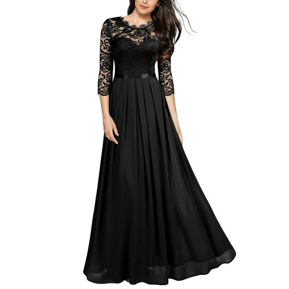 Women Athleisure Evening Gown Comfort Fit V-Neck 3/4 Sleeve Dress Lace Elastic Maxi Night Club Women's Sexy V Neck Lace Chiffon Strap Vintage Solid Color Lace Sleeve Dress Princess Court Dress