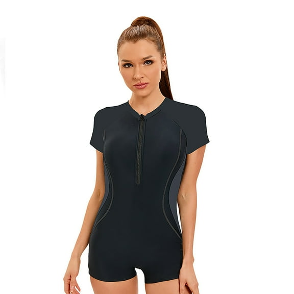 Women Athlete Training Swimsuit Short Sleeve Rasghuard Front Zippered Rashguard Swimwears Tummy Control Bathing Suit