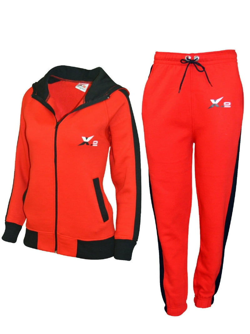 X-2 Women's Red L Athletic Sweat Outfits, Fleece Track Suit Set