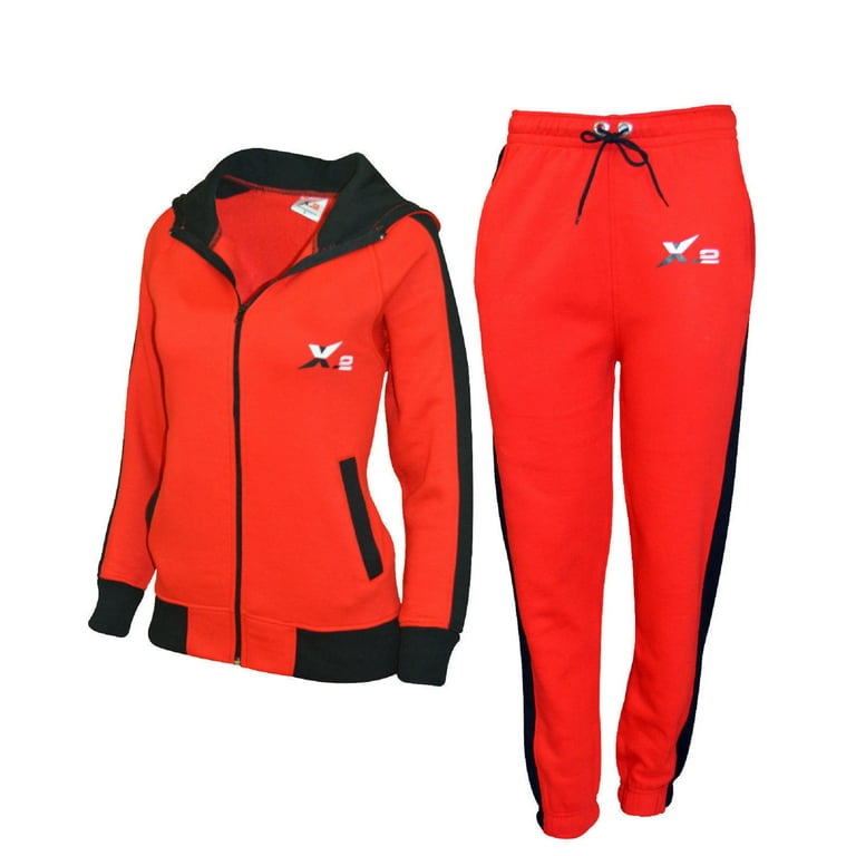 Women Athletic Full Zip Fleece Jogging Tracksuit Activewear Hooded  Sweatsuit Top Red XL