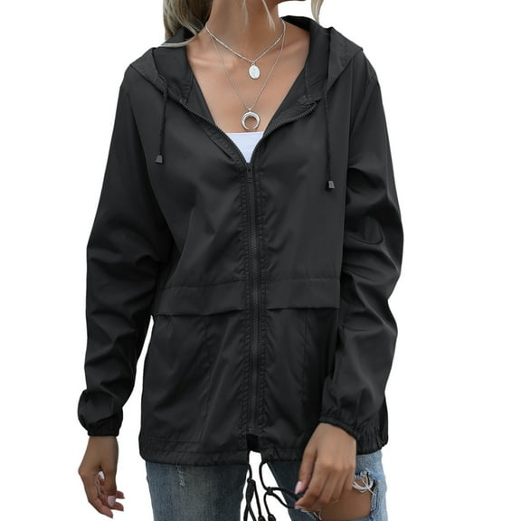 Women Athletic Lightweight Jacket Waterproof Hooded Outdoor Windbreaker Trench Coat