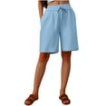 thumbnail image 1 of Women Athletic Shorts New Women's Casual Shorts Elastic Waistband Cotton Linen Cargo Short Straight Wide Leg Half Pants Blue M, 1 of 8