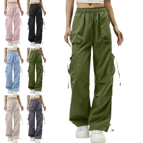 Women Athletic Windbreaker Pants Drawstring Multi Pocket Breathable Casual Cargo Solid Color Joggers