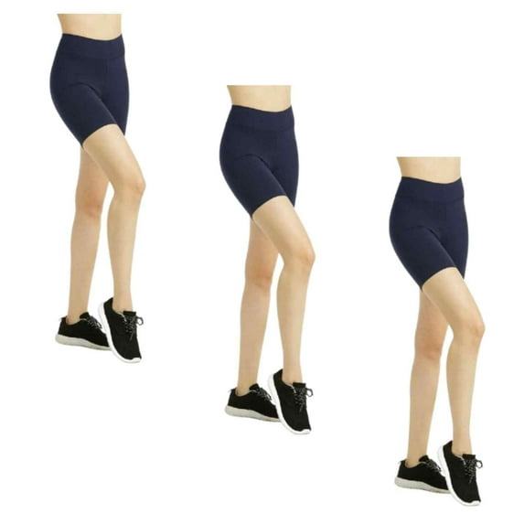 Women Athletic Workout Biker Yoga Running Jogging Legging Cotton Shorts Tights 15" Length, Navy Large, 3 Packs