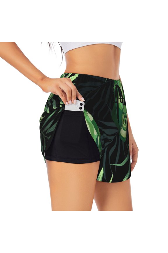 Women Athletic Workout Gym Jogging Running Shorts with Phone Pocket, Chameleon Tropical Palm Leaves