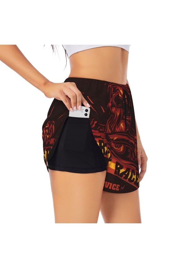 Women Athletic Workout Gym Jogging Running Shorts with Phone Pocket, Skull Crazy Racer Gothic Vintage