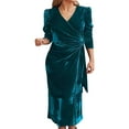 thumbnail image 1 of Women Autum Spring Dress Cross V Neck Solid Color Lace-up Tight Waist Velvet Mid-calf Length Long Sleeves Pleated Dating Commuting Midi Dress, 1 of 1