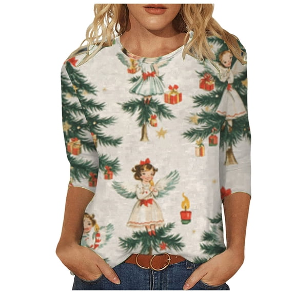 Women Autumn And Winter Casual Fashion Round Neck Halloween Printing Three Quarter Sleeve T Shirt Top