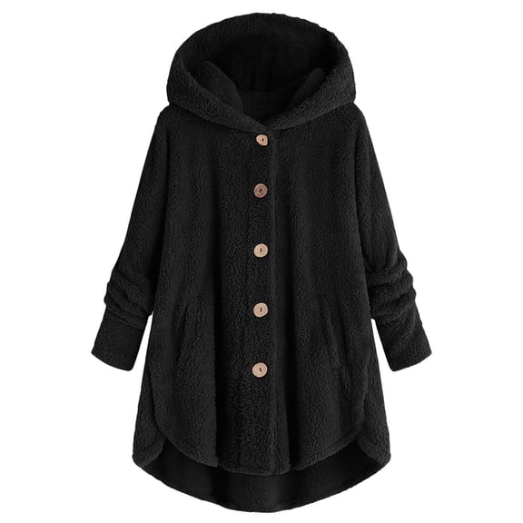 Women Autumn And Winter Casual Solid Color Side Slit Hooded Button Cardigan Jacket With Pockets Home Wear Jacket Black, XXL