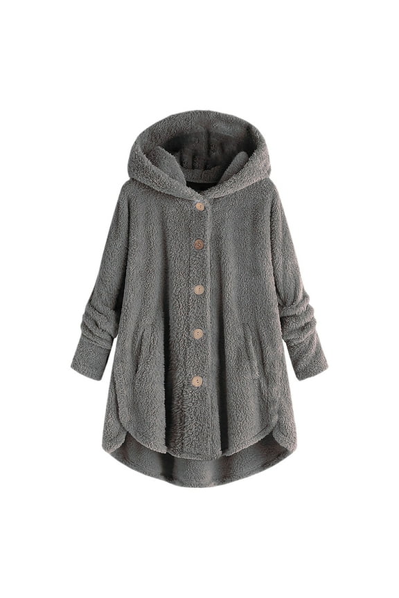 Women Autumn And Winter Casual Solid Color Side Slit Hooded Button Cardigan Jacket With Pockets Home Wear Jacket GY2, S