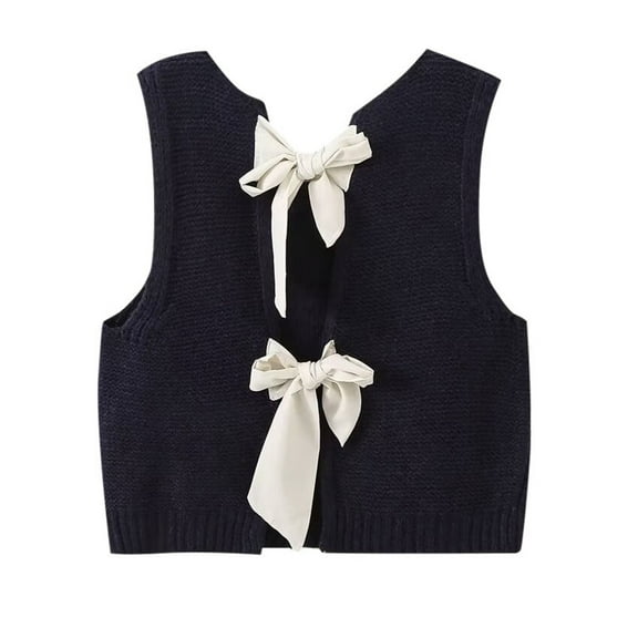 Women Autumn And Winter Solid Color Casual Short Knitted Sweater Vest Top Knitted Bow Vest Vest