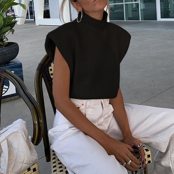 Women Autumn And Winter Solid Color Wool Sweater Sexy Temperament High Neck Sleeveless Pullover Sweater Top