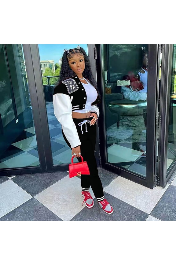 Women Autumn Baseball Suit Two Piece Set Letter Prints Baseball Tops Jacket Fall And Winter Sweatpants Jogger Set Sweatsuit Two Piece WearSet Pant Suits for Women Business Women Interview Outfit