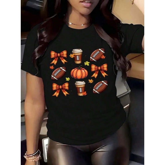 Women Autumn Bow Coffee Cup Football Pumpkin Print Orange Brown T-Shirt For Thanksgiving Fall Festive Season