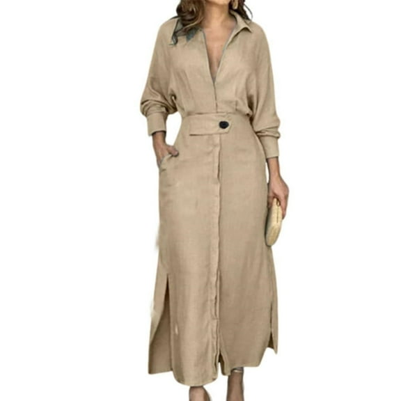 Women Autumn Casual Lapel Split Wrinkle-Free Long Maxi Vacation Dress with Pockets Apricot M