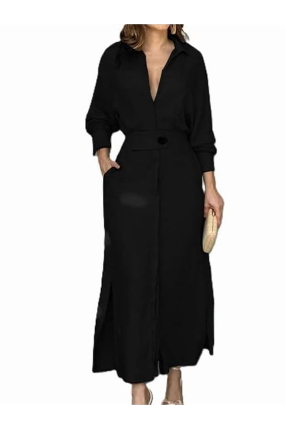 Women Autumn Casual Lapel Split Wrinkle-Free Long Maxi Vacation Dress with Pockets Black XL