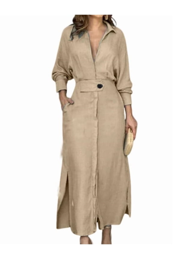Women Autumn Casual Lapel Split Wrinkle-Free Long Maxi Vacation Dress with Pockets S
