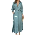 thumbnail image 1 of Women Autumn Casual Lapel Split Wrinkle-Free Long Maxi Vacation Dress with Pockets Sky Blue M, 1 of 5