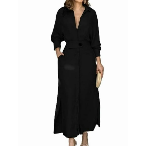 Women Autumn Casual Lapel Split Wrinkle-Free Long Maxi Vacation Dress with Pockets