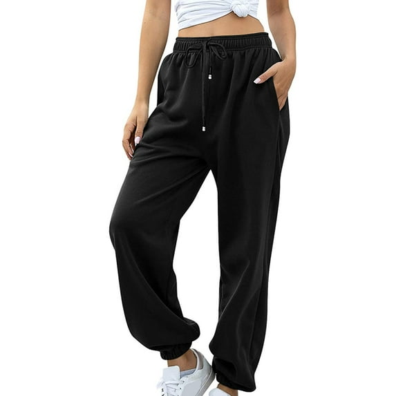 Women Autumn Casual Pants, Solid Color Drawstring Elastic-Waist Long Trousers with Pockets
