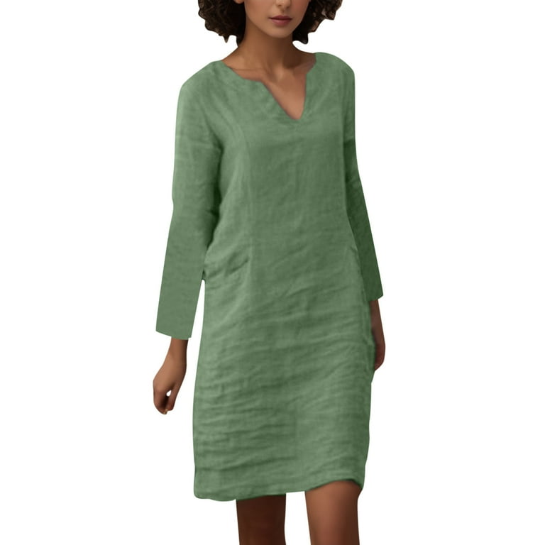 Women Autumn Casual Simple Women Casual Summer V Neck Dress Elegant Comfortable Petite Midi Dress Solid Color Long Sleeve Pocket Juniors Dresses Casual Dress Ladies Denim Dress Striped Midi Walmart ...