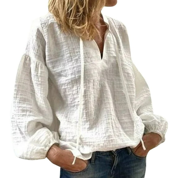 Women Autumn Cotton Linen Blouse Solid V Neck Long Sleeve Casual Loose Office Shirt Top