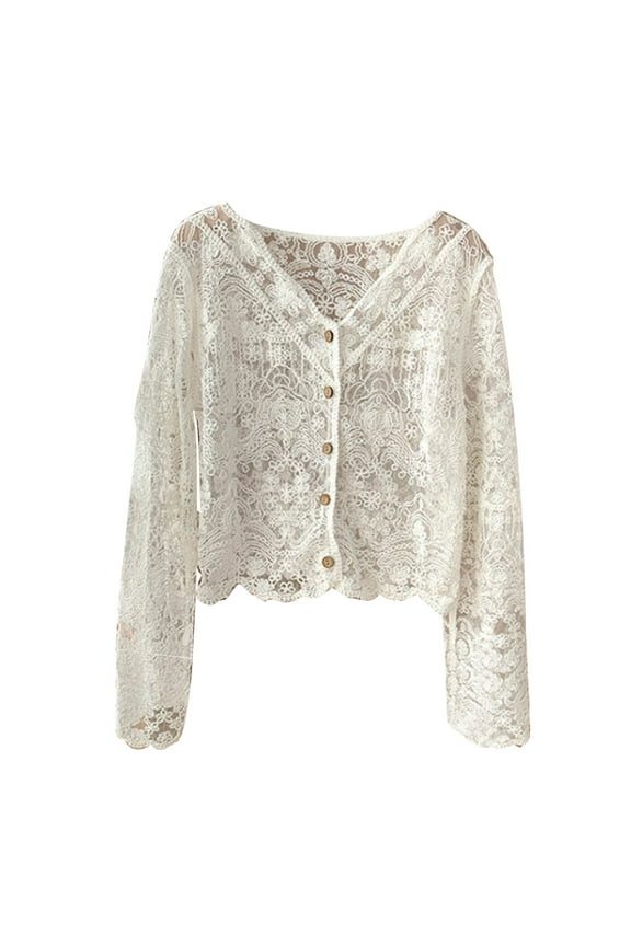 Women Autumn Korean Lace Flare Long Sleeve Blouse V-Neck Button Down Cropped Cardigan Hollow Crochet Floral See Through Thin Shrug for Jacket Shirts Outwear