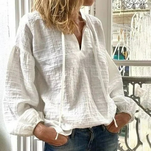 Women Autumn Linen Blouse Solid V Neck Long Sleeve Casual Loose Shirt Top Rainbow Stripe Shirt for Women Women's Athletic Tops Pack of T Shirts Women Womens Long Sleeve Tee Compression Shirt Long