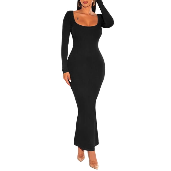 Women Autumn Long Evening Dress Solid Color Long Sleeve Square Neck Knit Split Party Dress