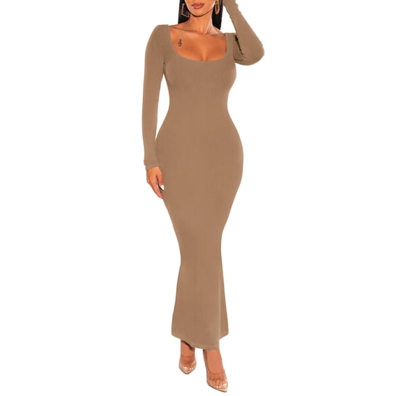 Women Autumn Long Evening Dress Solid Color Long Sleeve Square Neck Knit Split Party Dress