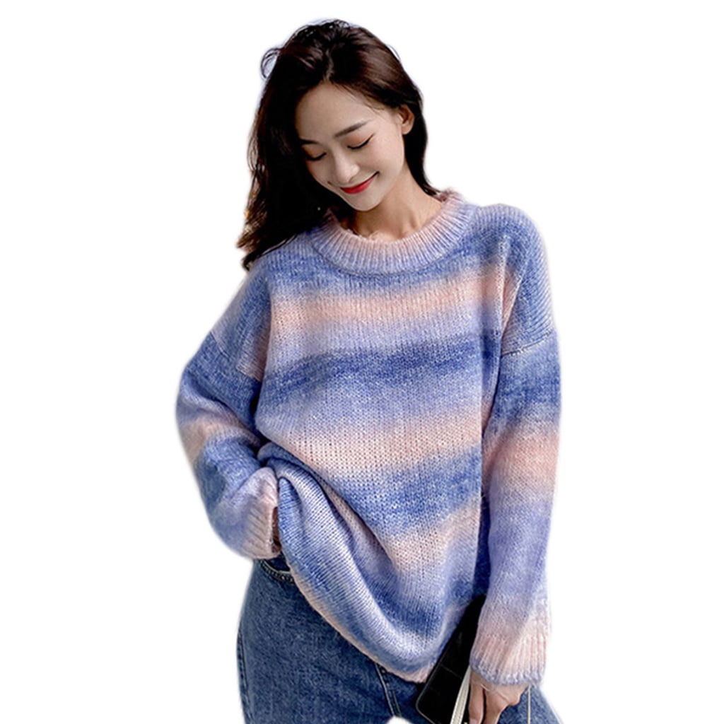 Women Autumn Long Sleeve O Neck Sweater Harajuku Gradient Rainbow Candy Color Striped Jumpers Oversized Loose Pullover Knitwear Tops Streetwear