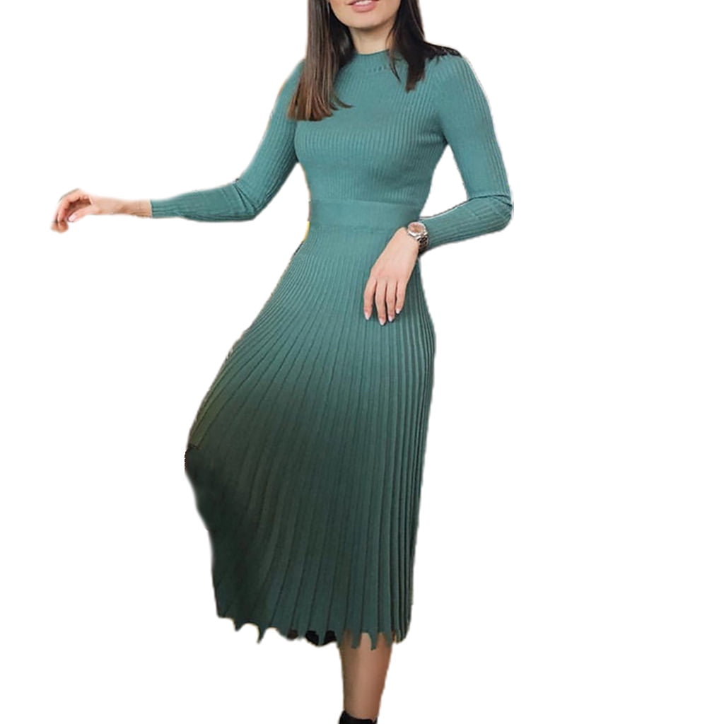 Women Autumn Long Sleeve Ribbed Knit Midi Long Sweater Dress Mock Neck Slim  Fit Pleated Flare Empire Waist Solid Color Stretchy Streetwear - Walmart.com