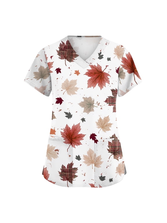 Women Autumn Maple Leaf Print Scrub Tops V Neck Short Sleeve Multi Pocket Nursing Scrub Top Medical Work Uniform for Healthcare Workers White L