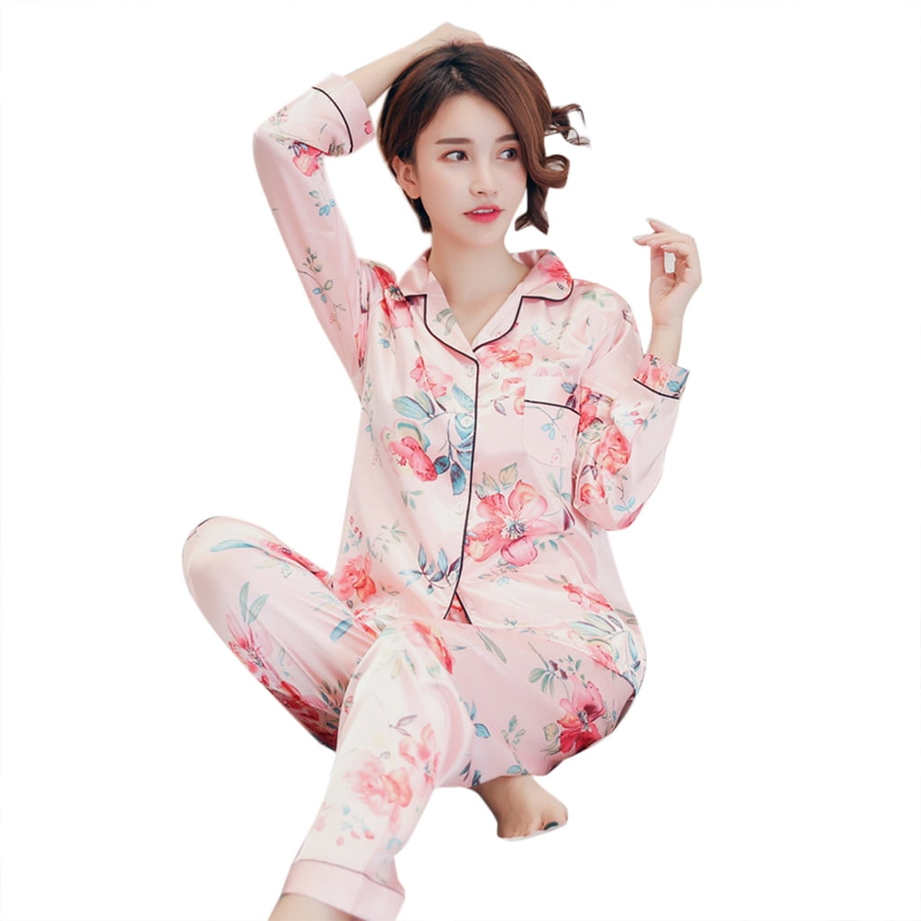 AUECK Satin Pajamas Women Classic 2 Piece Silk Pajamas Plus