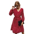 thumbnail image 1 of Women Autumn Puff Long Sleeve V-Neck Loose Midi Dress Elegant Striped Printed Belted High Waist Pleated Flowy Solid Color Streetwear, 1 of 21