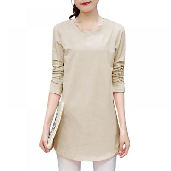 Women Autumn Round Collar Solid Color Slim Versatile Long Sleeve Blouse Casual Female T-Shirt Tops Apricot