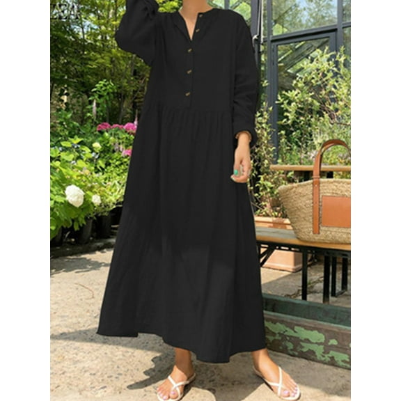 Women Autumn Round Neck Buttons Down Tunic Dress