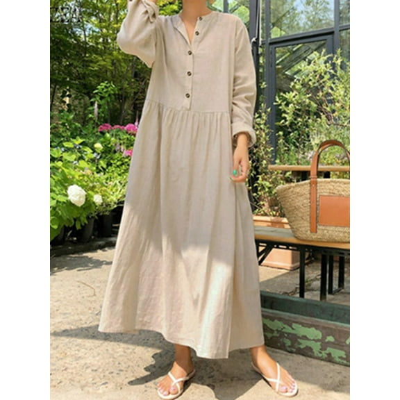 Women Autumn Round Neck Buttons Down Tunic Dress