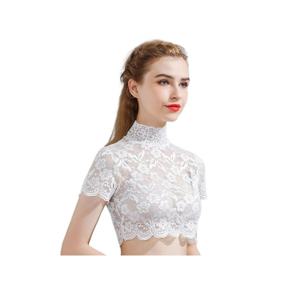 Women Autumn Spring Turtleneck Detachable Collar Elegant Floral Lace Short Sleeve Half Blouse Shirt Pullover Lining Dickey Crop Top Decorative Underwear