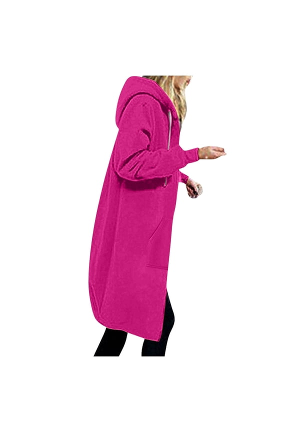 Women A Autumn Winter Casual Fashion Solid Color Drawstring Hooded Long Zipper Pocket Coat Long Jacket Coat Zip up Hooded Sweatshirt Women Light Hooded Sweat Shirt for Women Cowl Neck Side Slit